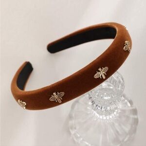 Brown Velvet Headband with Gold Bee Accents‎